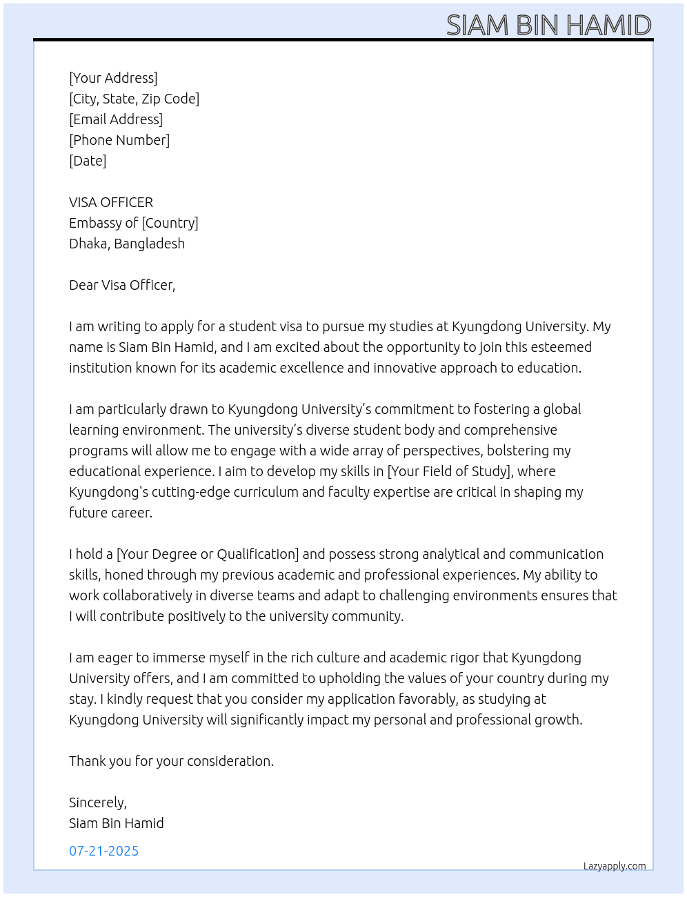 student APPLICATION FOR VISA At kyungdong university Cover Letter