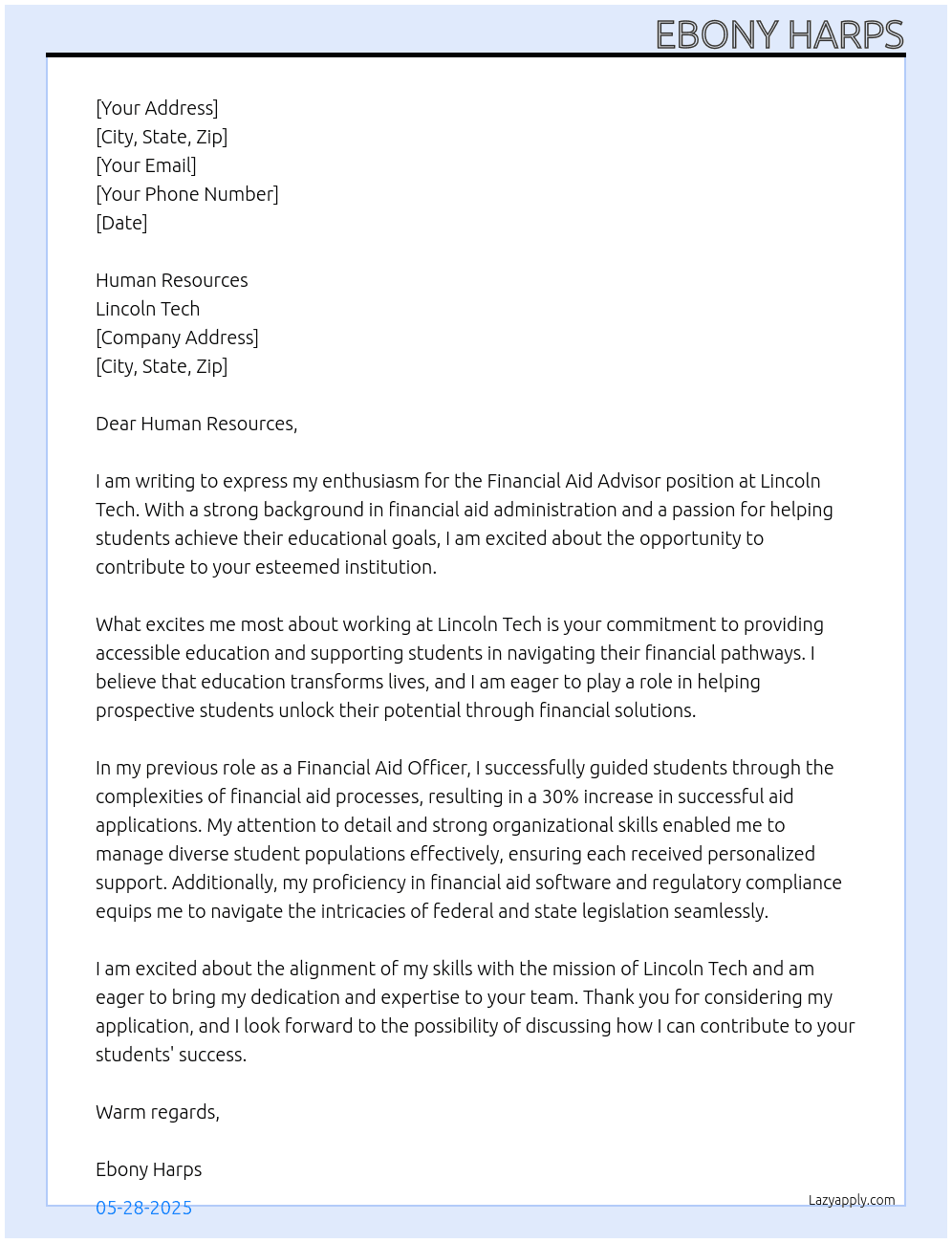 Financial Aid Advisor  At Lincoln Tech Cover Letter