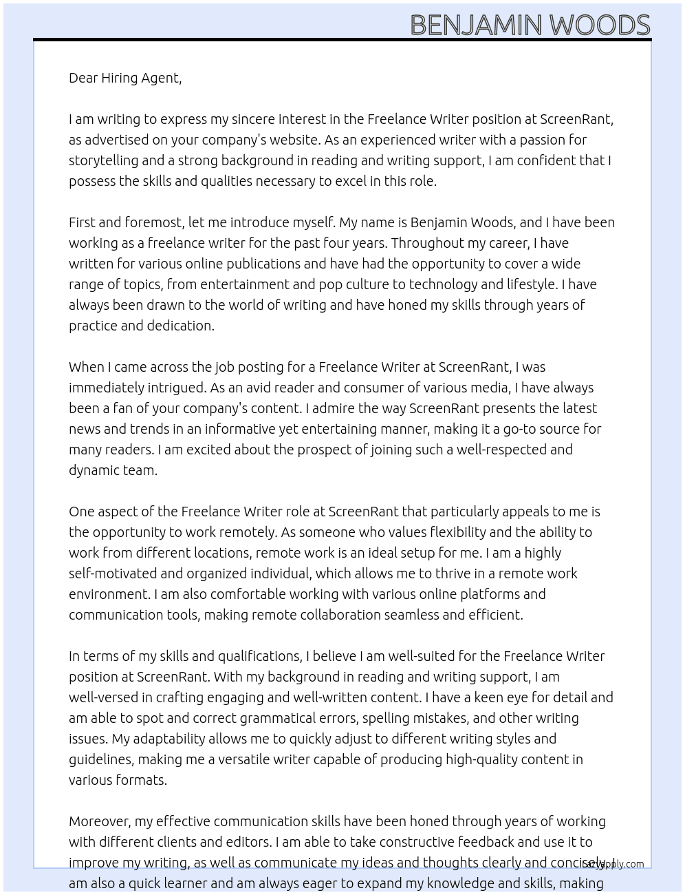 Freelance Writer At ScreenRant  Cover Letter