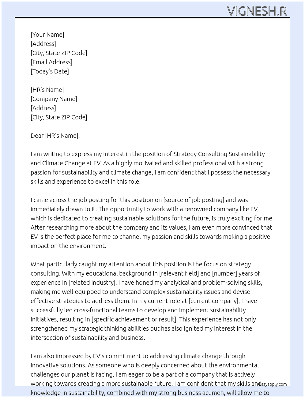 strategy consulting sustainability and climate change  At EV Cover Letter