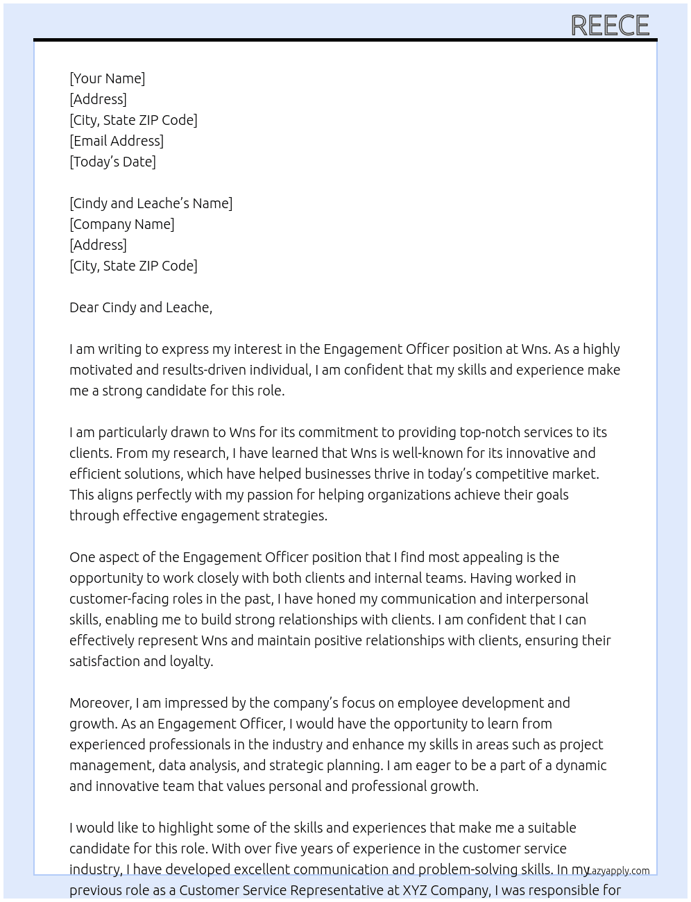 Engagement officer  At Wns Cover Letter