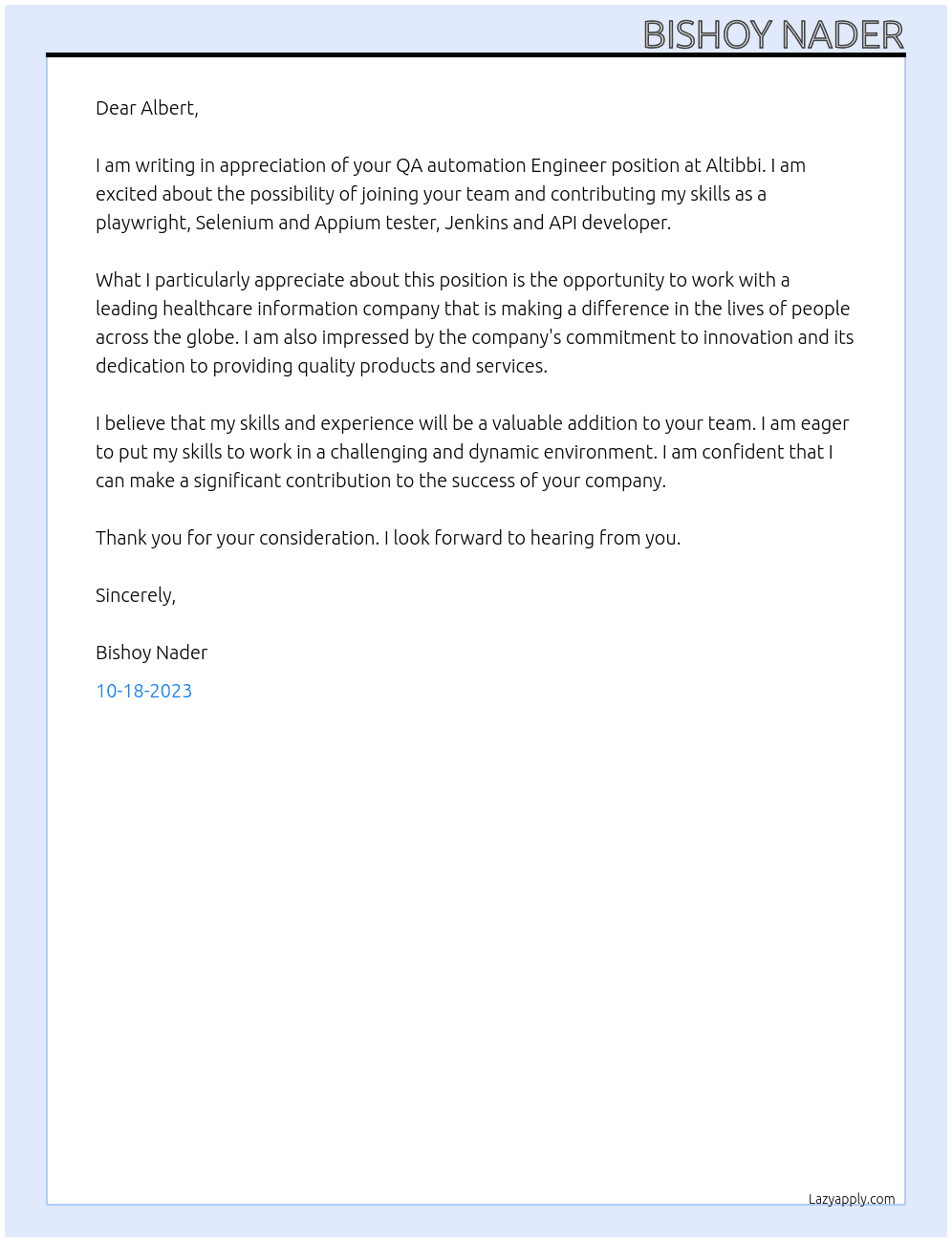 QA automation Engineer  At Altibbi Cover Letter
