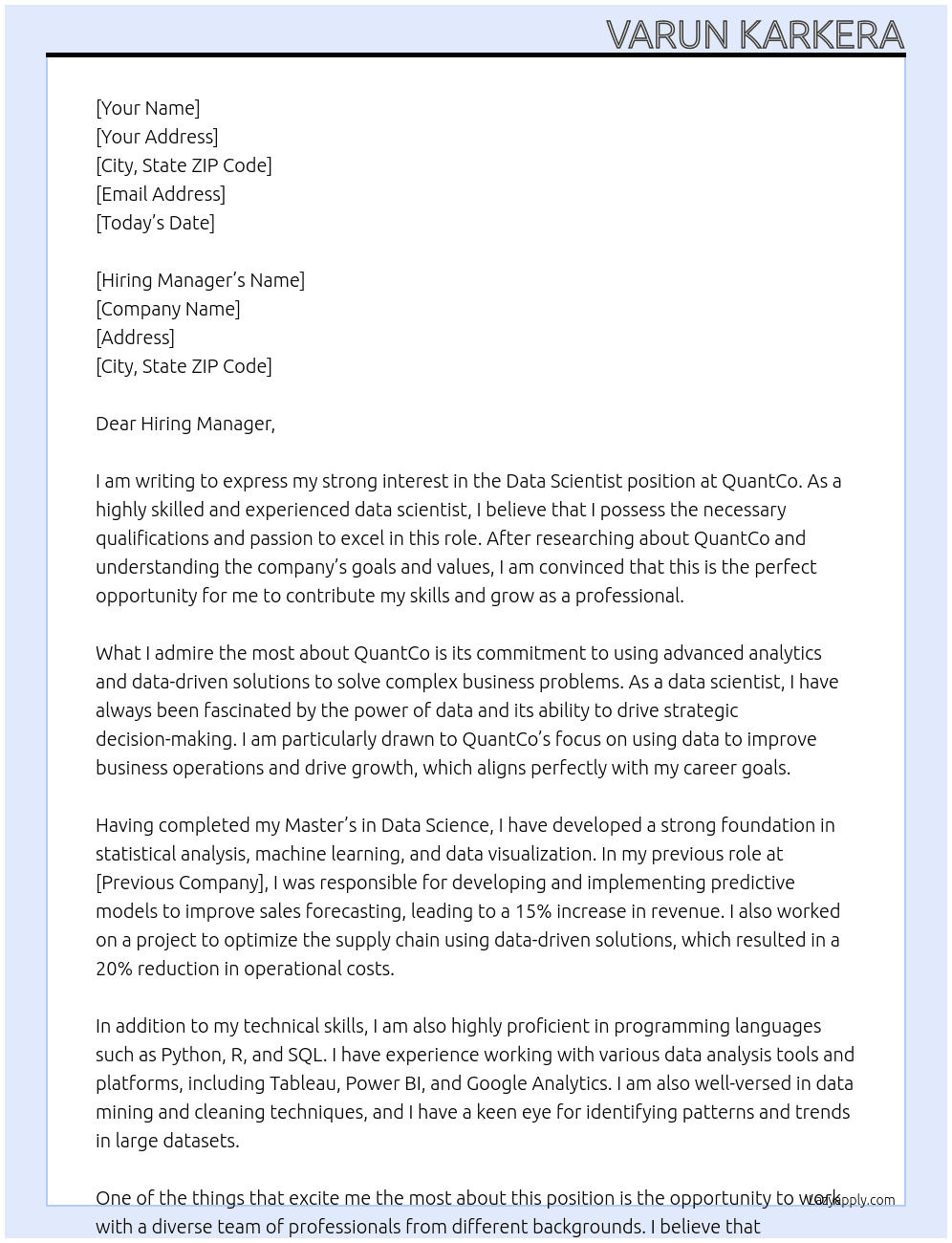 Data Scientist At QuantCo Cover Letter