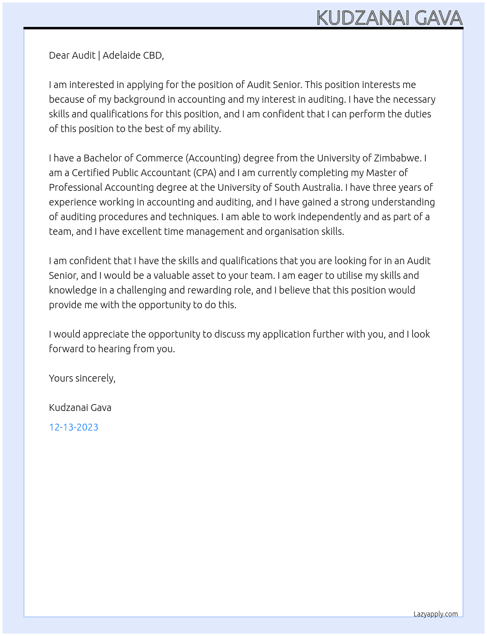 Audit Senior At Audit | Adelaide CBD Cover Letter