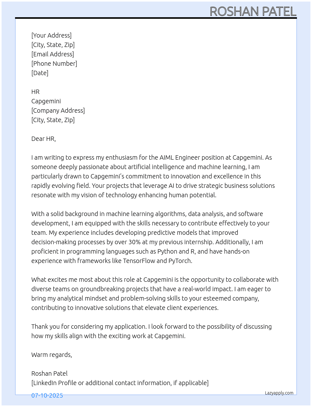 AIML Engineer At Capgemini Cover Letter