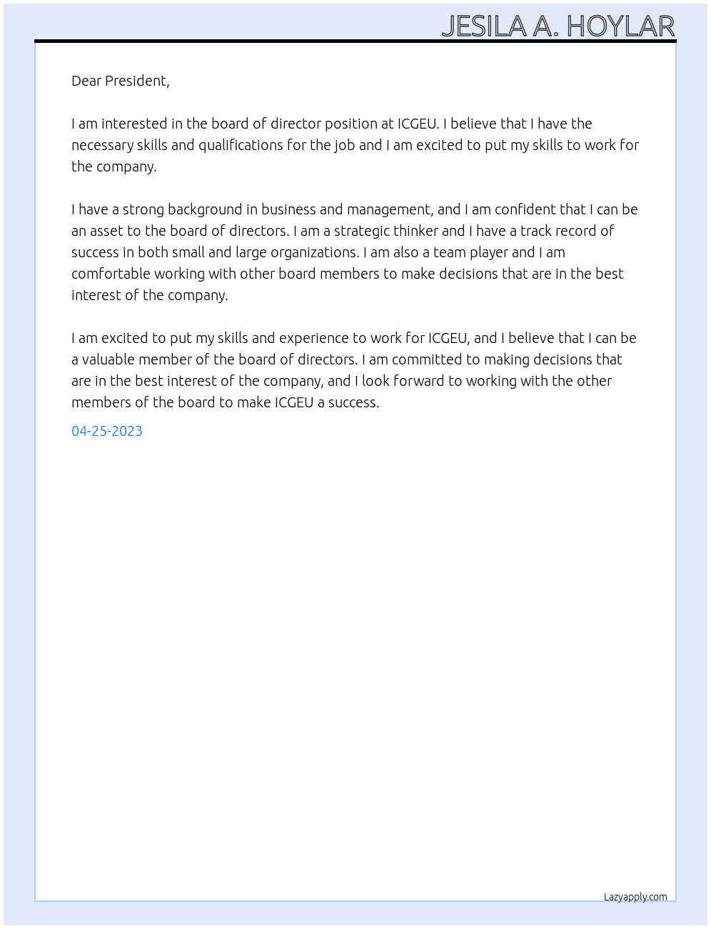 board of director At ICGEU Cover Letter