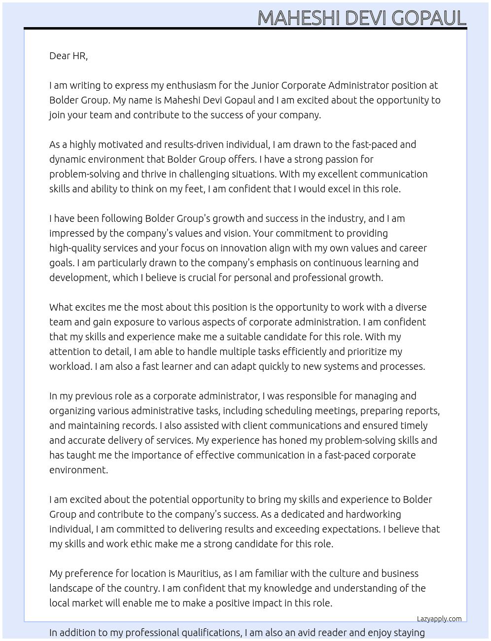 Cover letter for junior corporate administrator - LazyApply