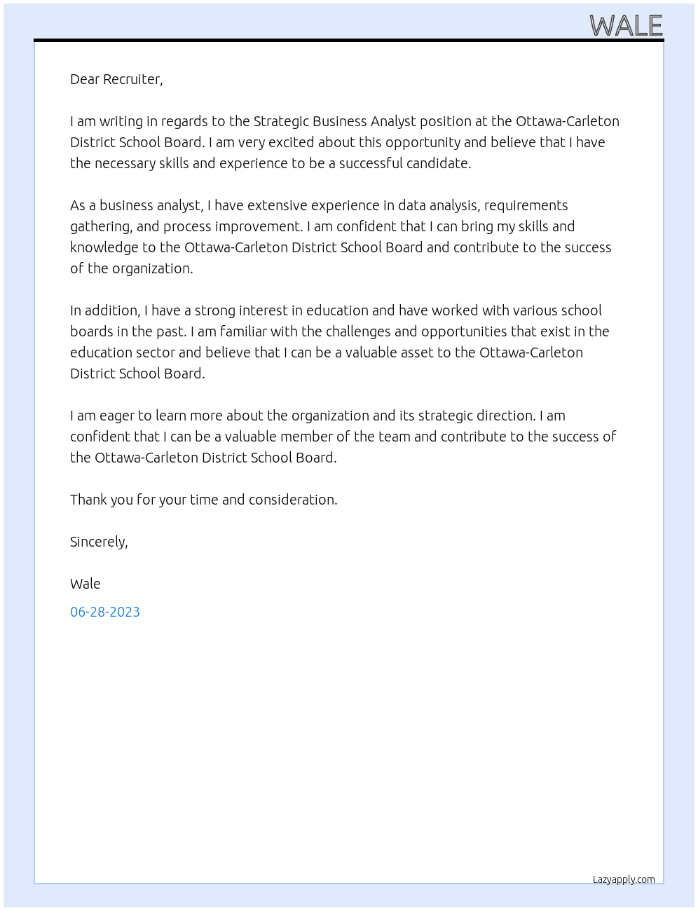 Strategic Business Analyst At Ottawa-Carleton District School Board Cover Letter