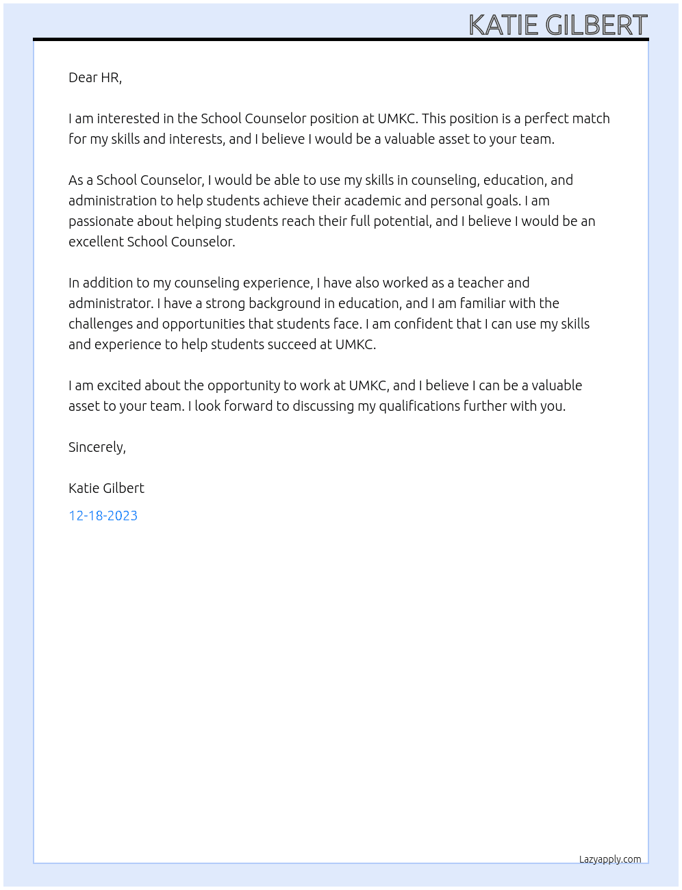 School Counselor At UMKC Cover Letter