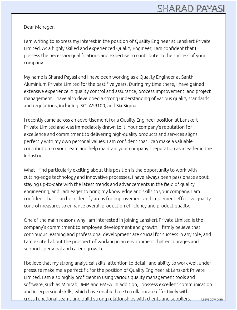 Quailty engineer  At Lanskert private limited  Cover Letter