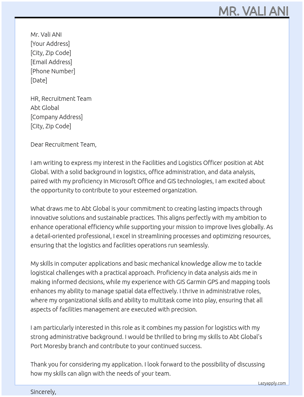 Facilities and Logistics Officer At Abt Global  Cover Letter