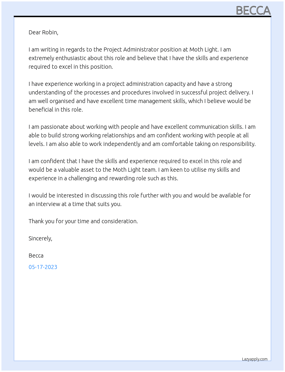 Project Administrator At Moth Light Cover Letter