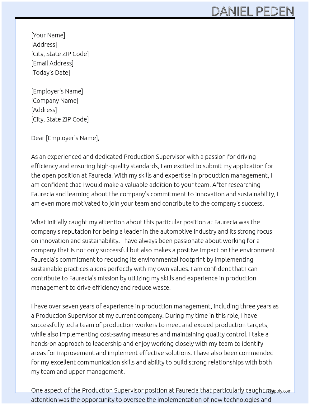 Production Supervisor At Faurecia Cover Letter