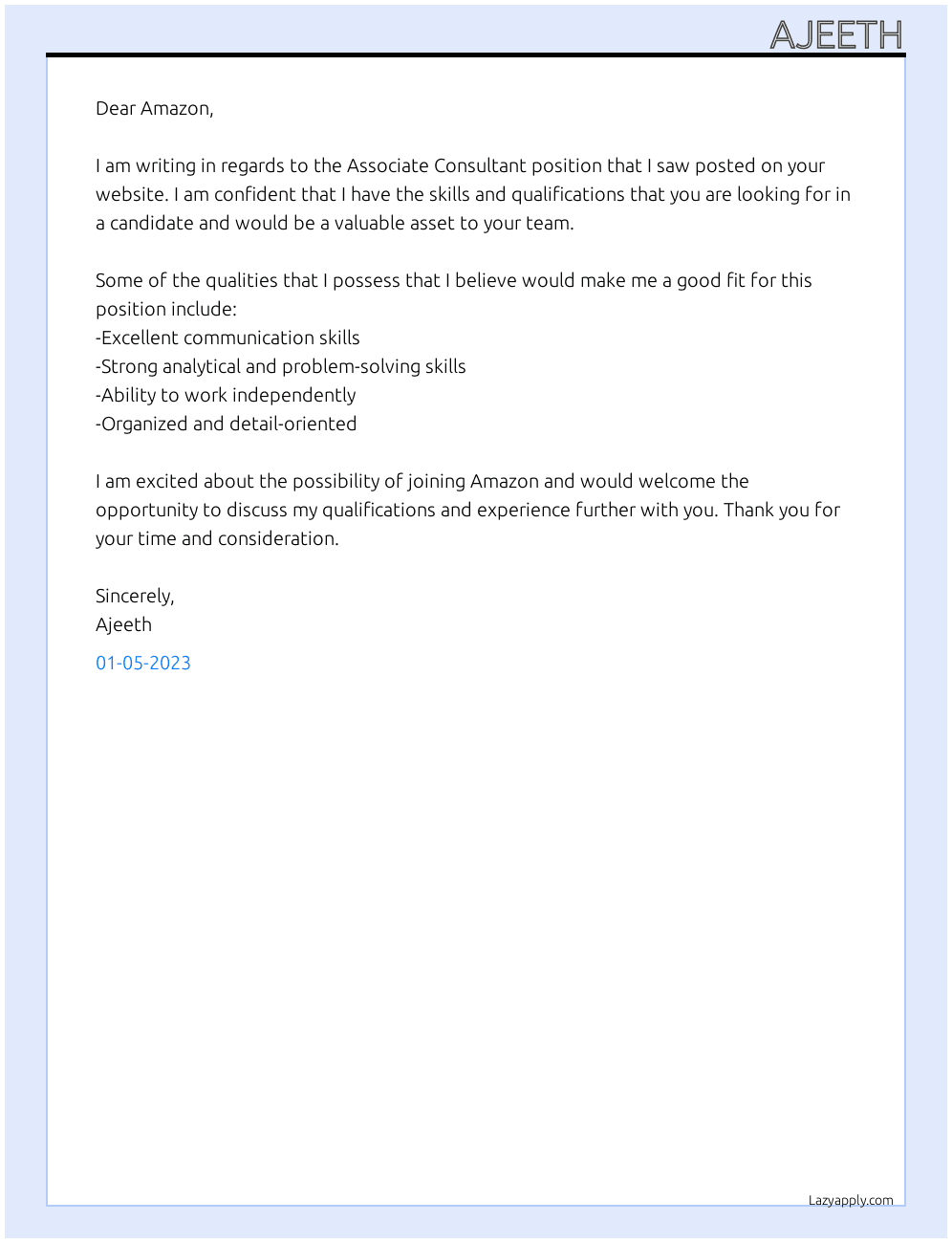 Associate Consultant At Amazon Cover Letter
