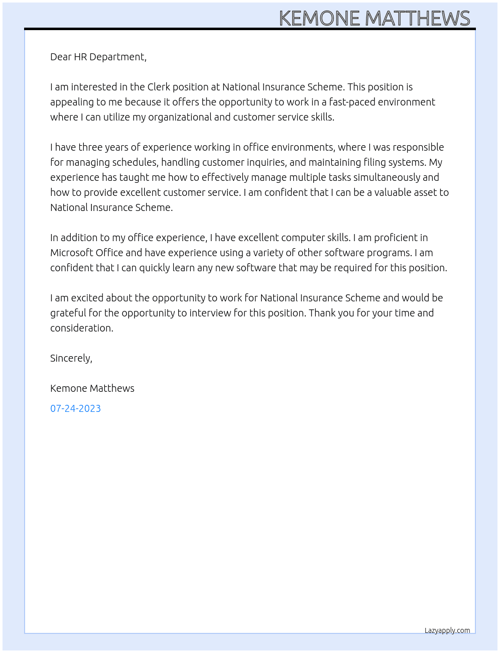 Clerk At National Insurance Scheme  Cover Letter
