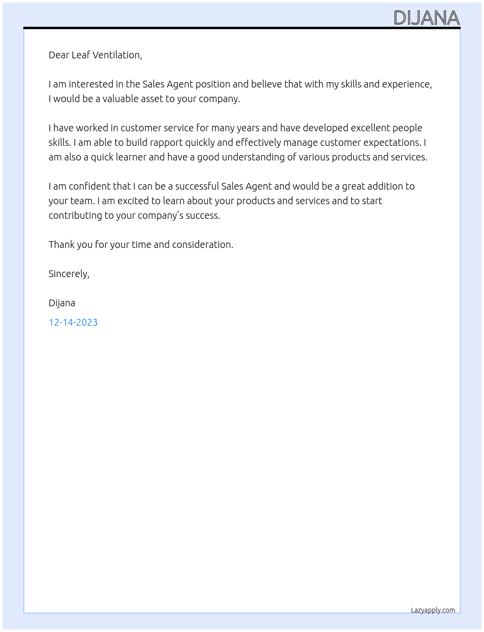 Sales agent At Leaf Ventilation Cover Letter
