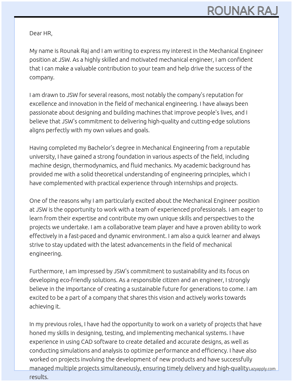 Mechanical engineer At Jsw Cover Letter