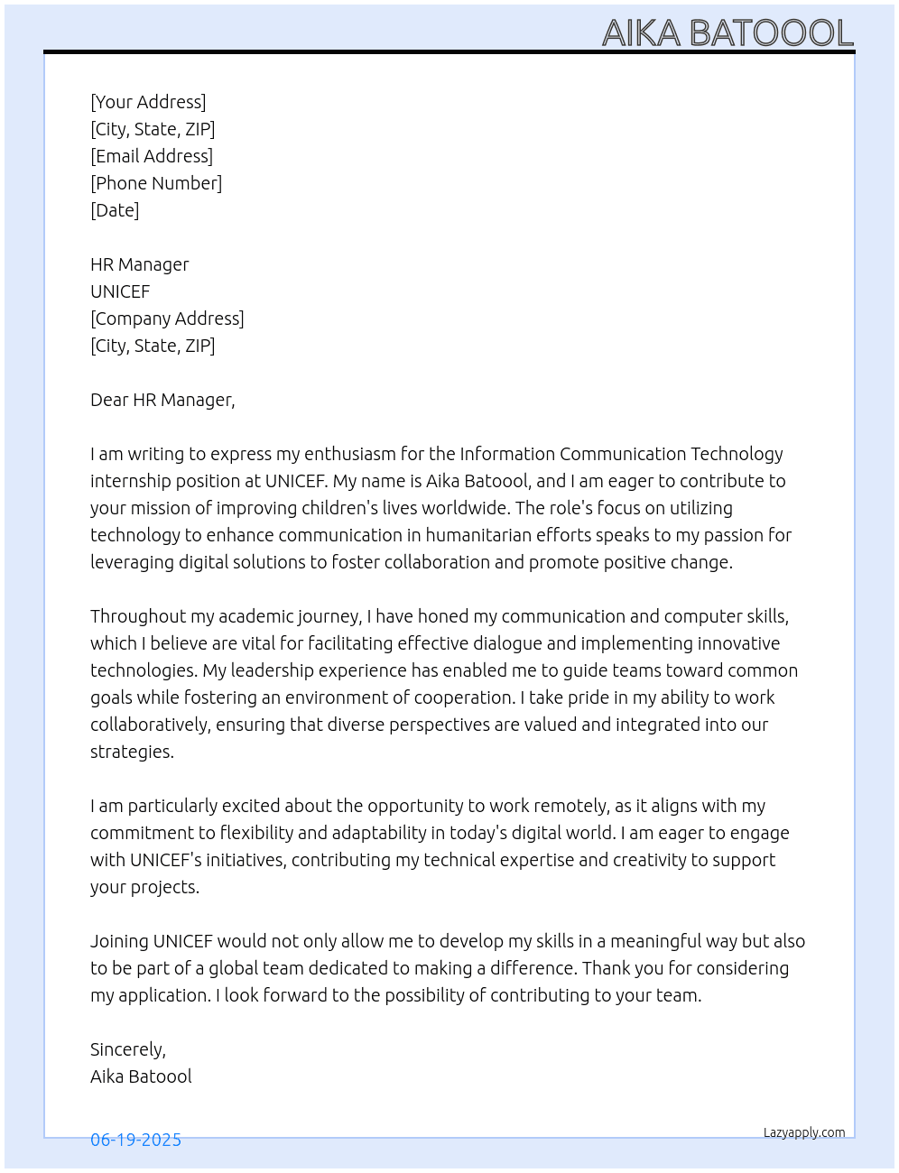 Cover letter for information communication technology - LazyApply