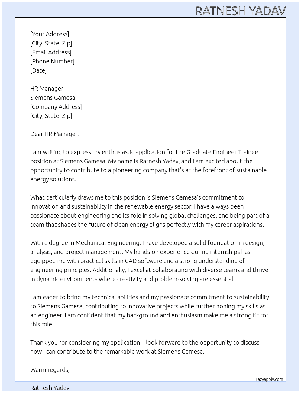 GRADUATE ENGINEER TRAINEE At SIEMENS GAMESA Cover Letter