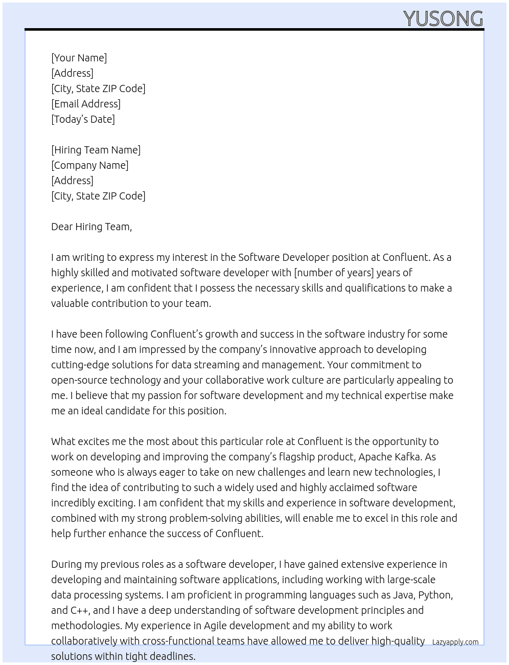 software developer At Confluent Cover Letter