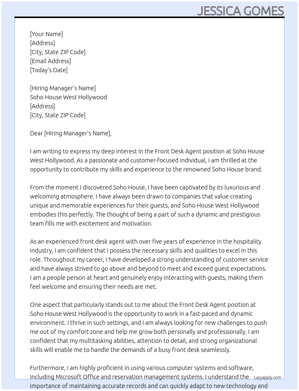 Front desk agent At soho house west hollywood Cover Letter