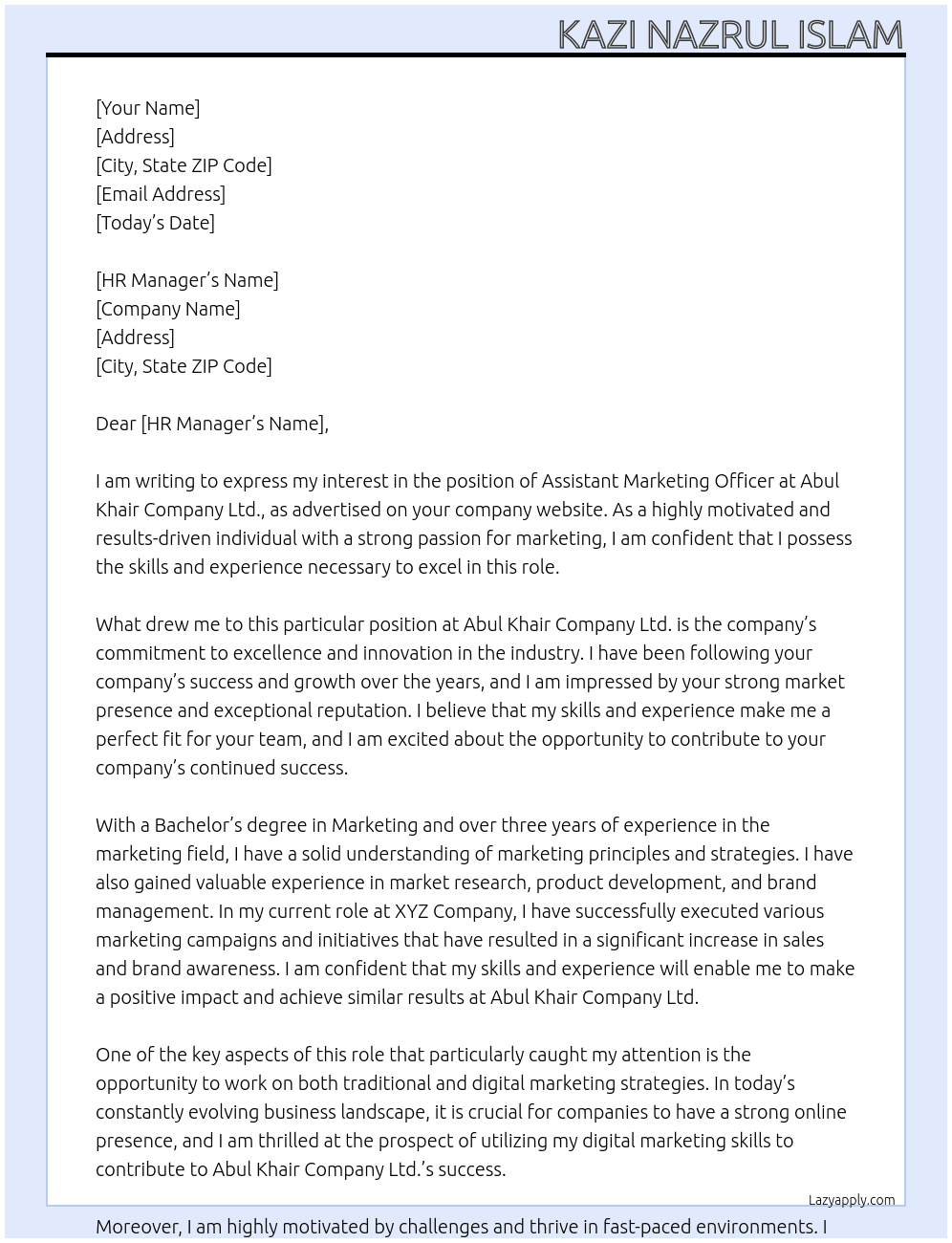 Assistant Marketing Officer At Abul Khair Company Ltd. Cover Letter