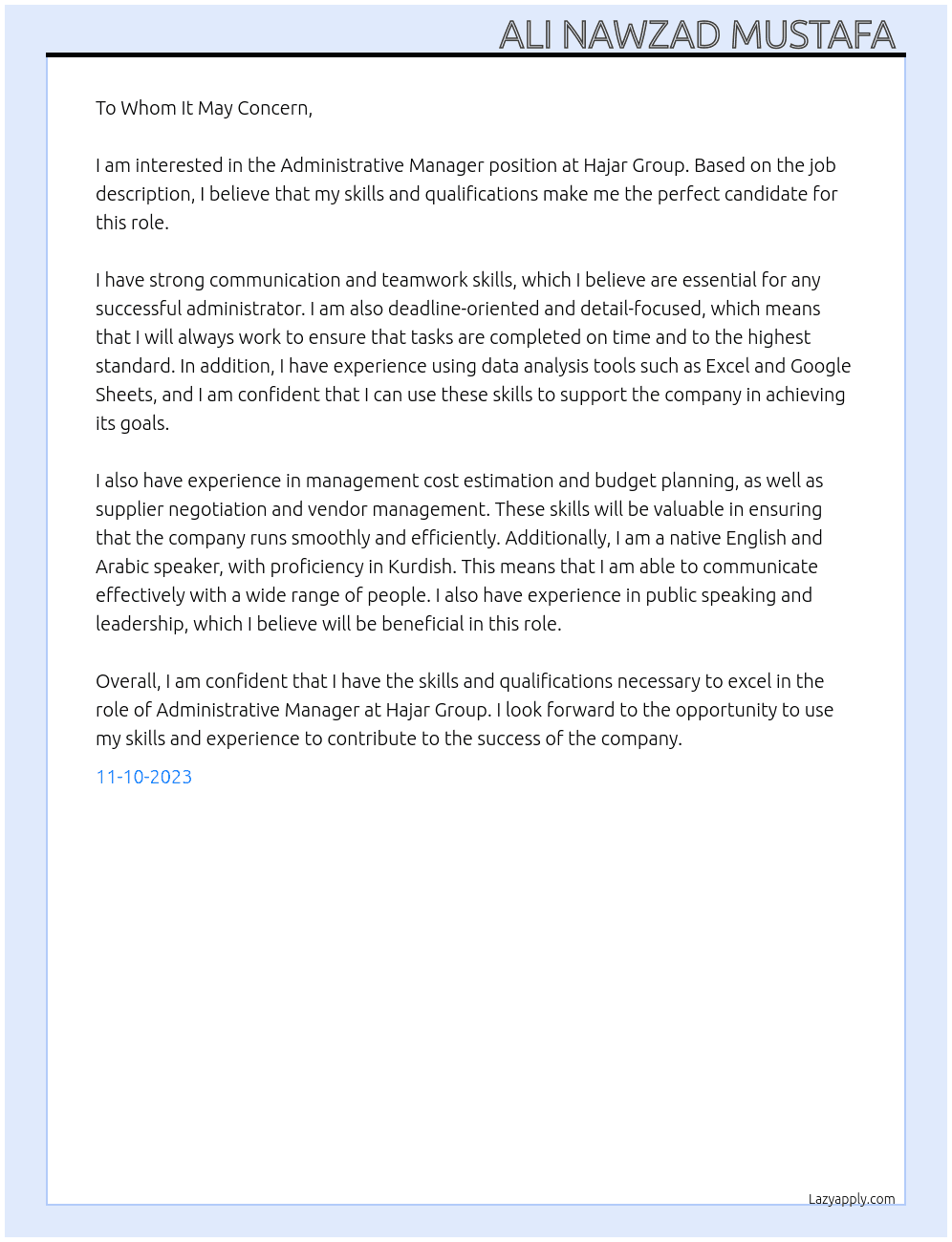 Administrative Manager At Hajar Group Cover Letter