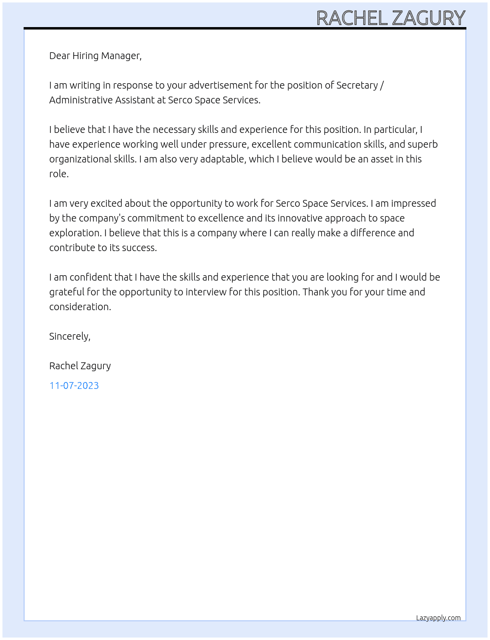 Secretary / administrative assistant At Serco Space Services Cover Letter