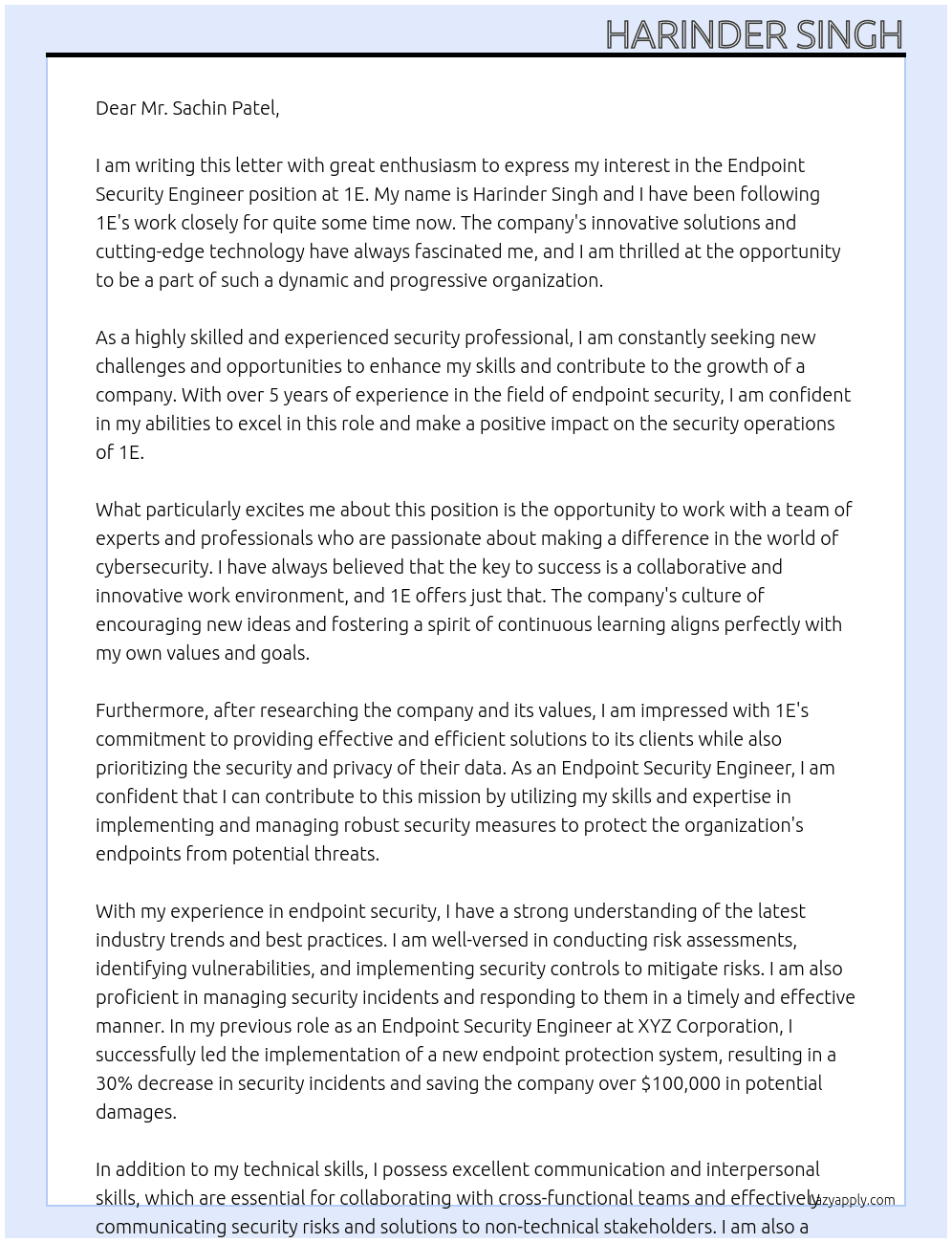 Endpoint Security Engineer At 1E Cover Letter