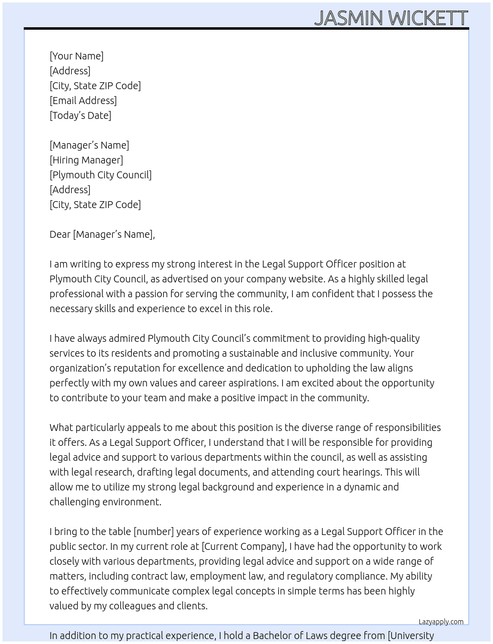 Legal Support Officer  At Plymouth City Council Cover Letter