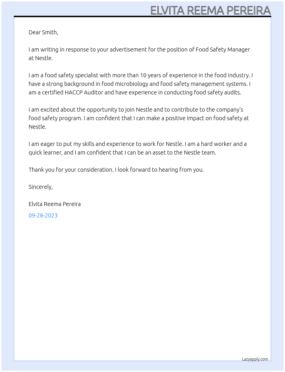 Food safety manager At Nestle  Cover Letter