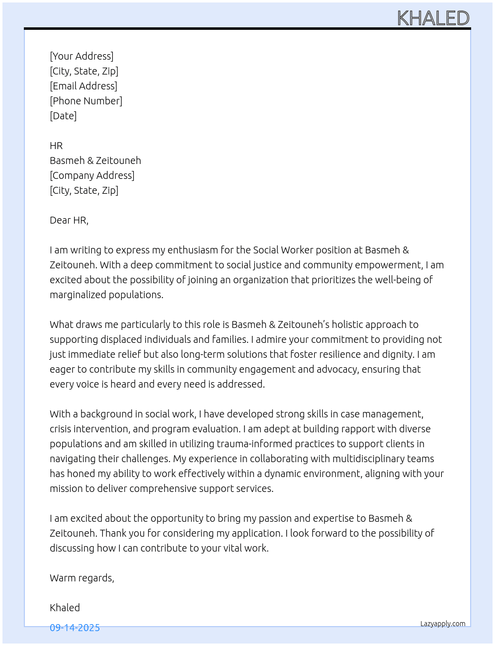 Social Worker At Basmeh & Zeitouneh Cover Letter