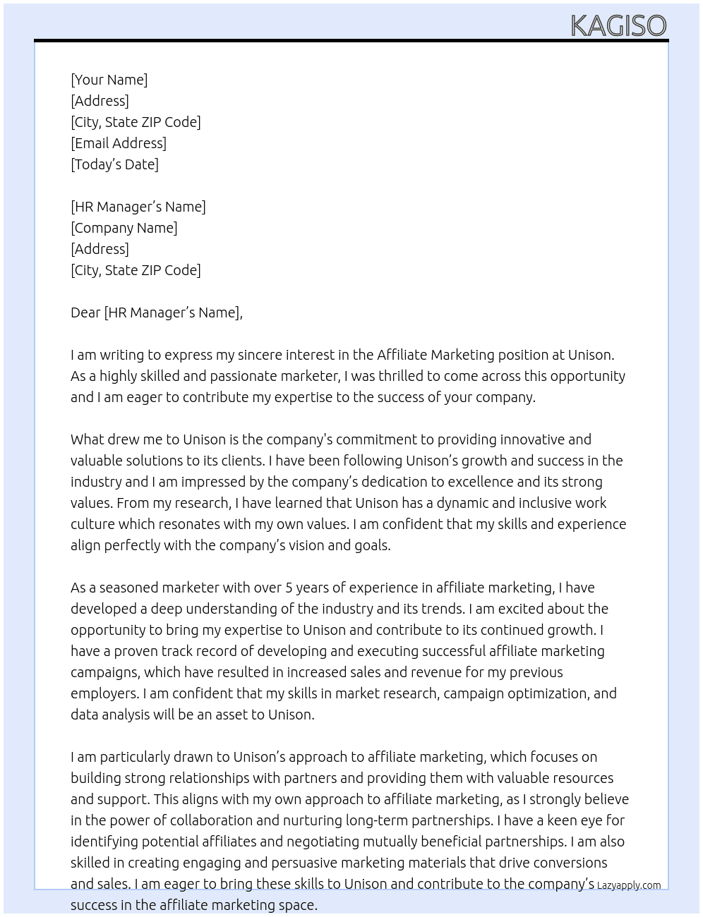 Affiliate marketing At Unison Cover Letter