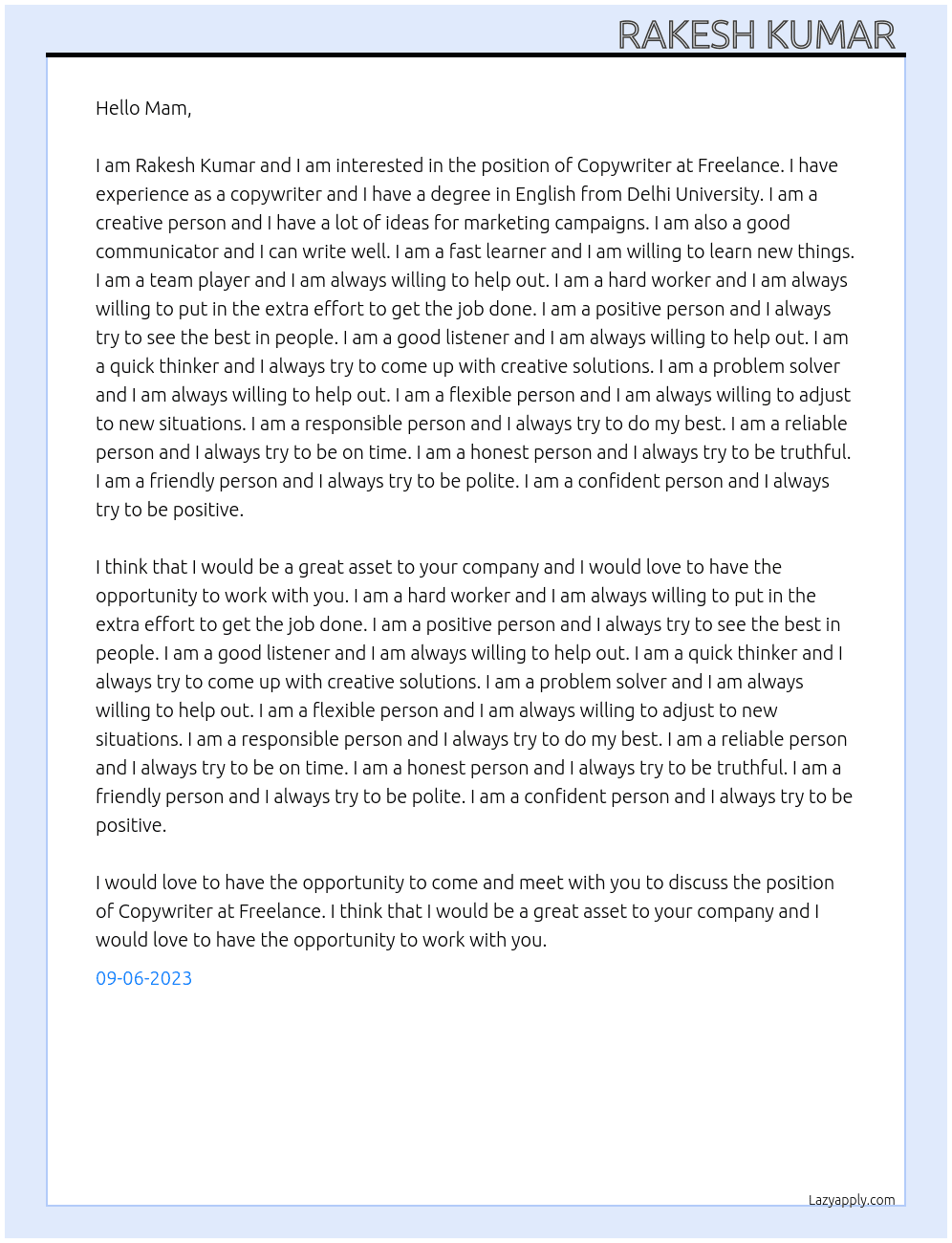 Copywriter  At Freelance  Cover Letter