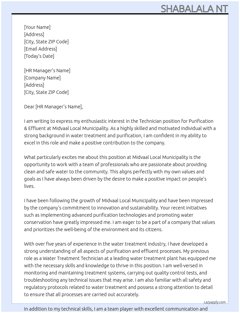 Technician: Purification & Effluent At Midvaal Local Municipality Cover Letter