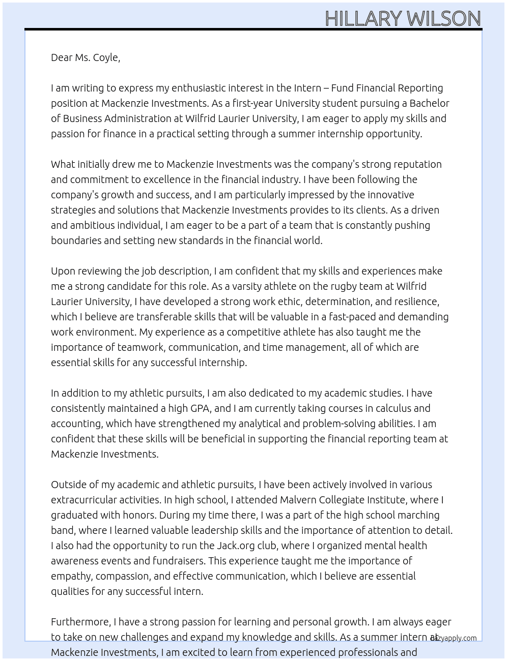 Intern – Fund Financial Reporting At Mackenzie Investments Cover Letter