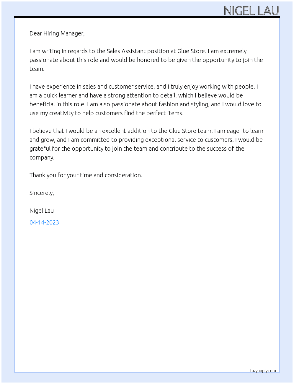 Sales Assistant At Glue Store Cover Letter