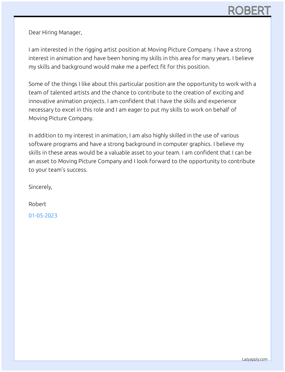 Rigging Artist At Moving Picture Company Cover Letter