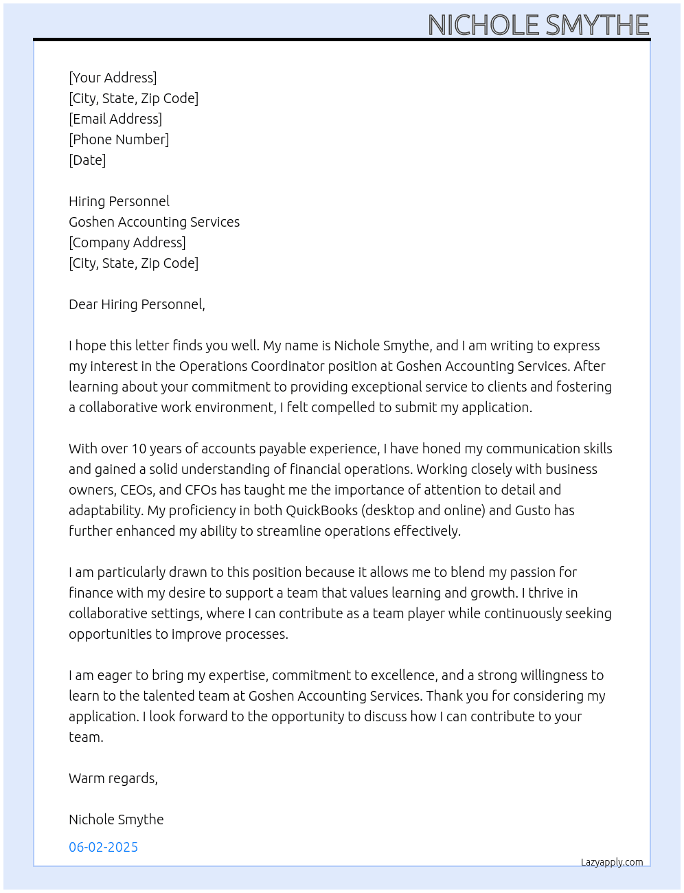 Operations coordinator At Goshen Accounting Sevices Cover Letter