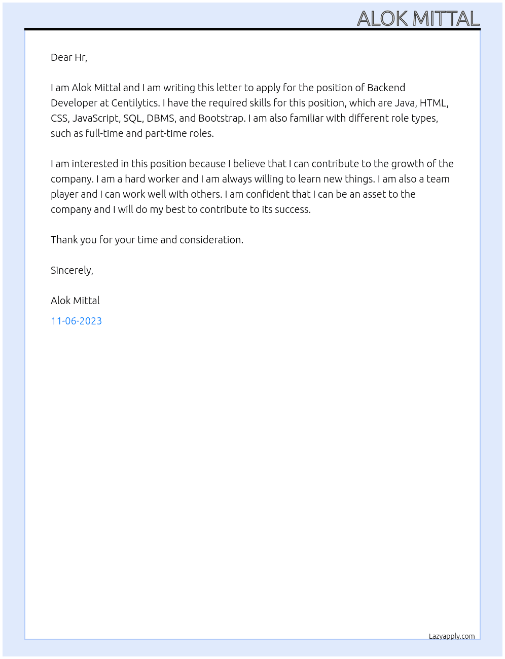 Backend Developer  At Centilytics  Cover Letter