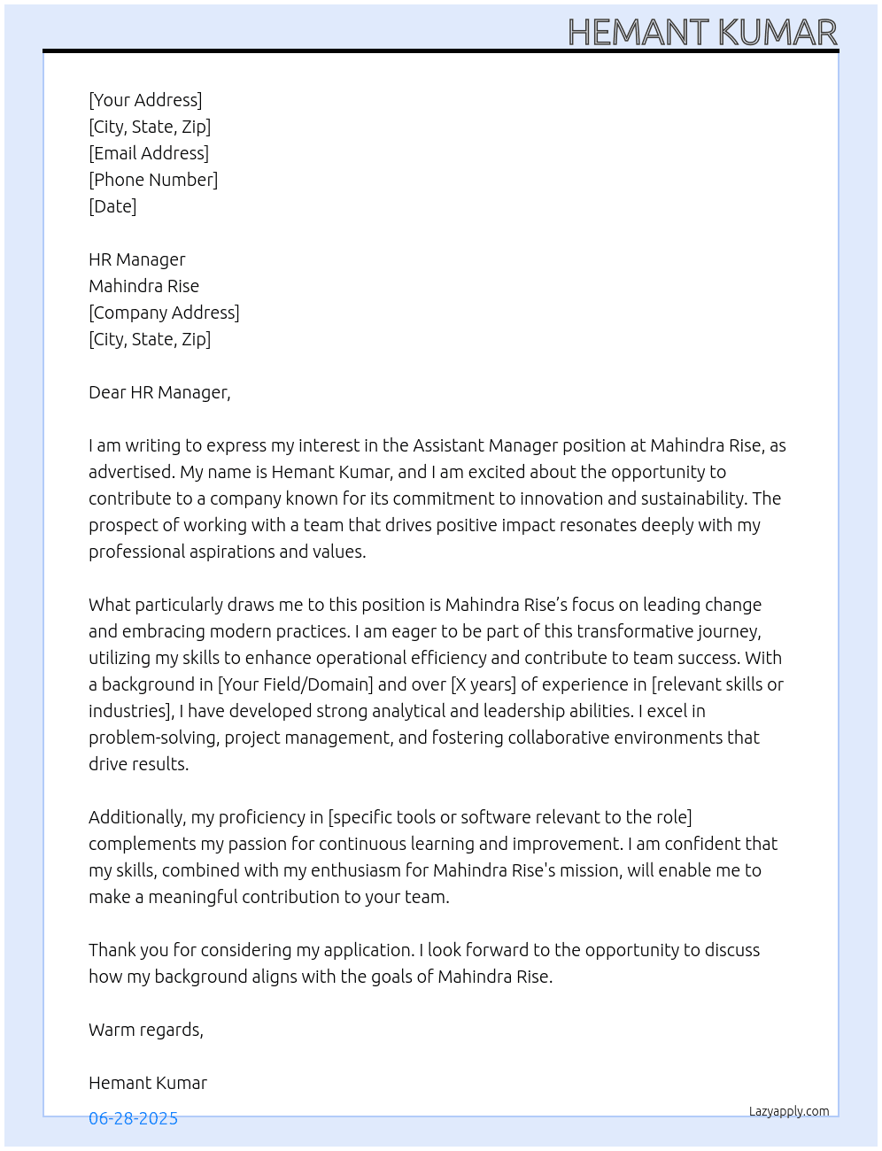 Assistant manager  At Mahindra rise Cover Letter