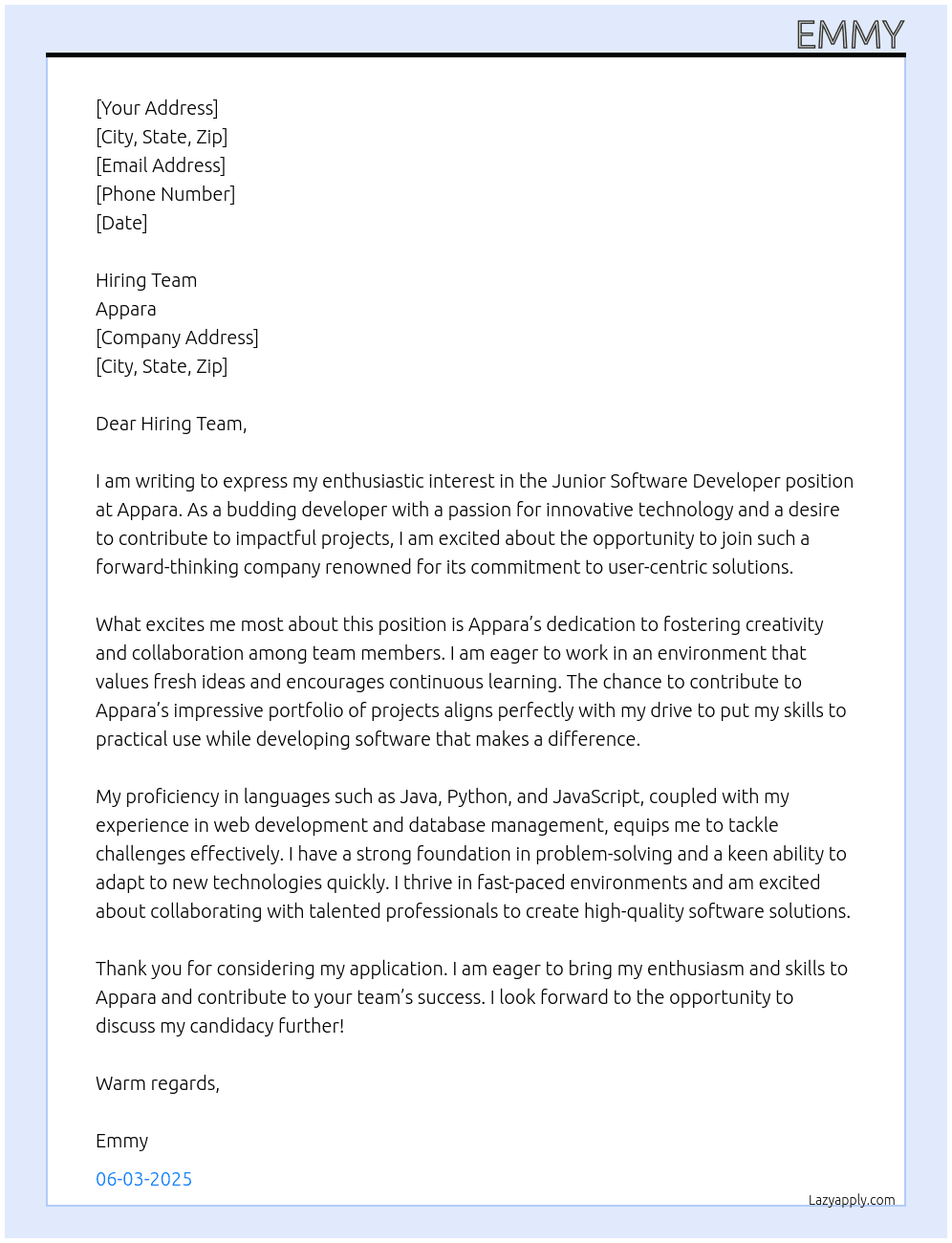 Junior Software Developer At Appara Cover Letter