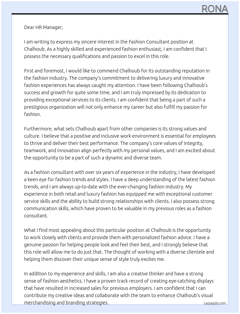 fashion Consultant At Chalhoub Cover Letter