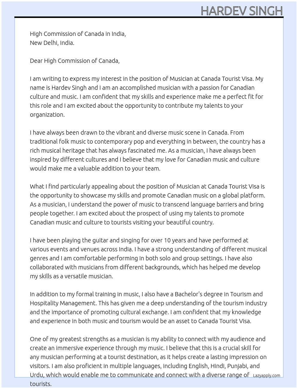 Musician At Canada Tourist Visa Cover Letter