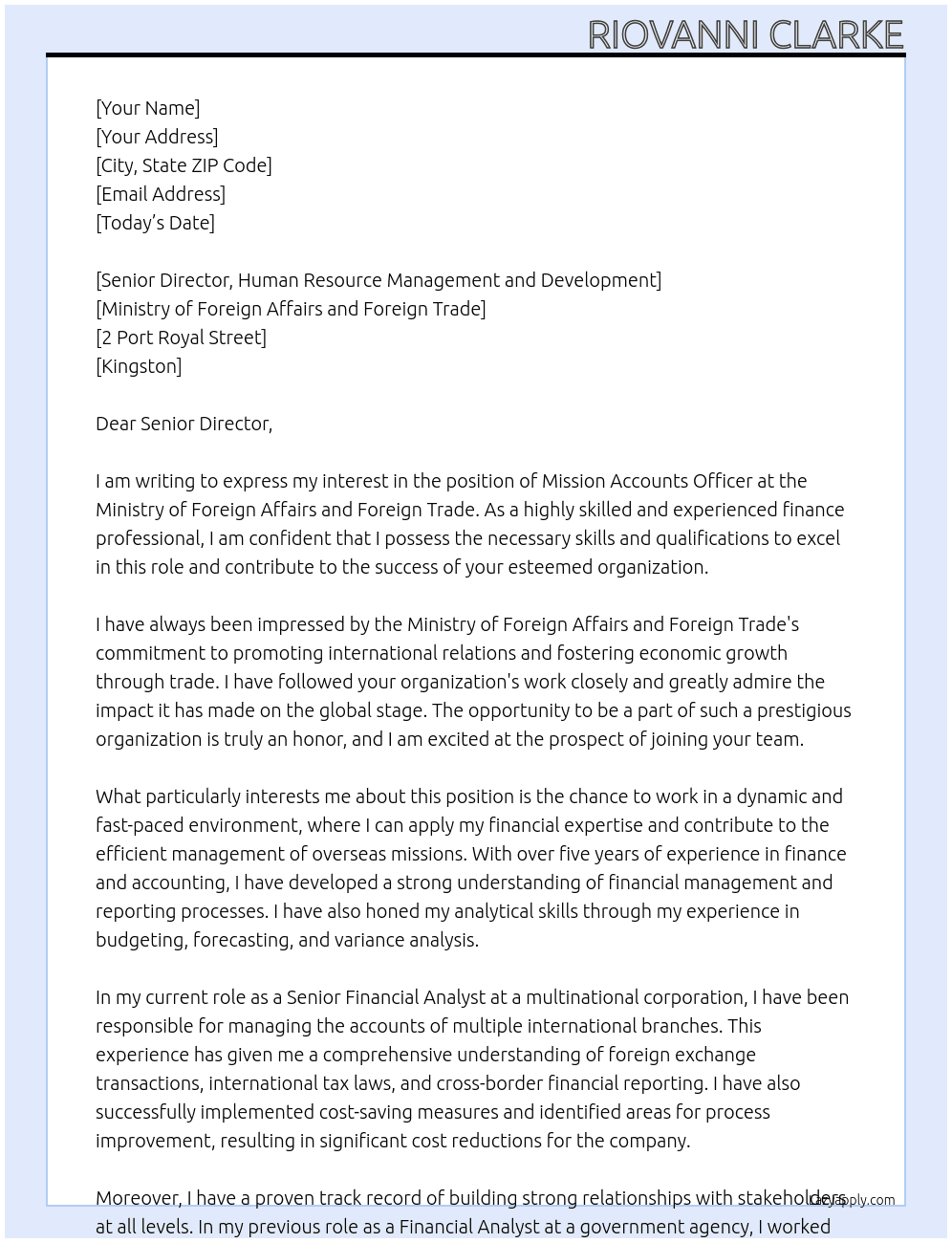Mission Accounts Officer At  Ministry of Foreign Affairs and Foreign Trade Cover Letter