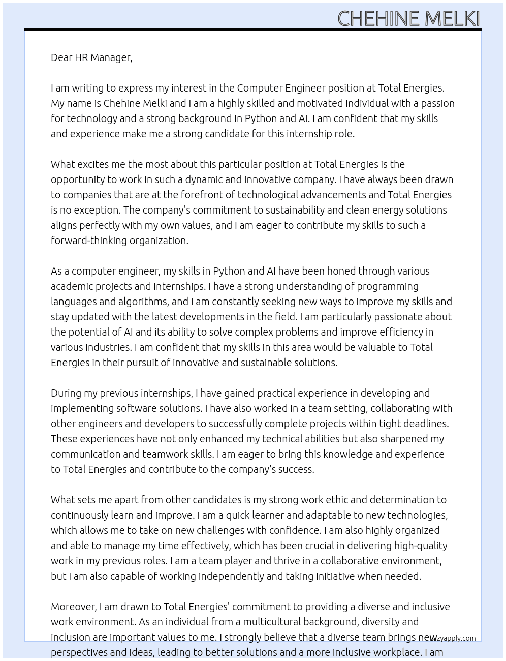 Computer engineer At total energies Cover Letter