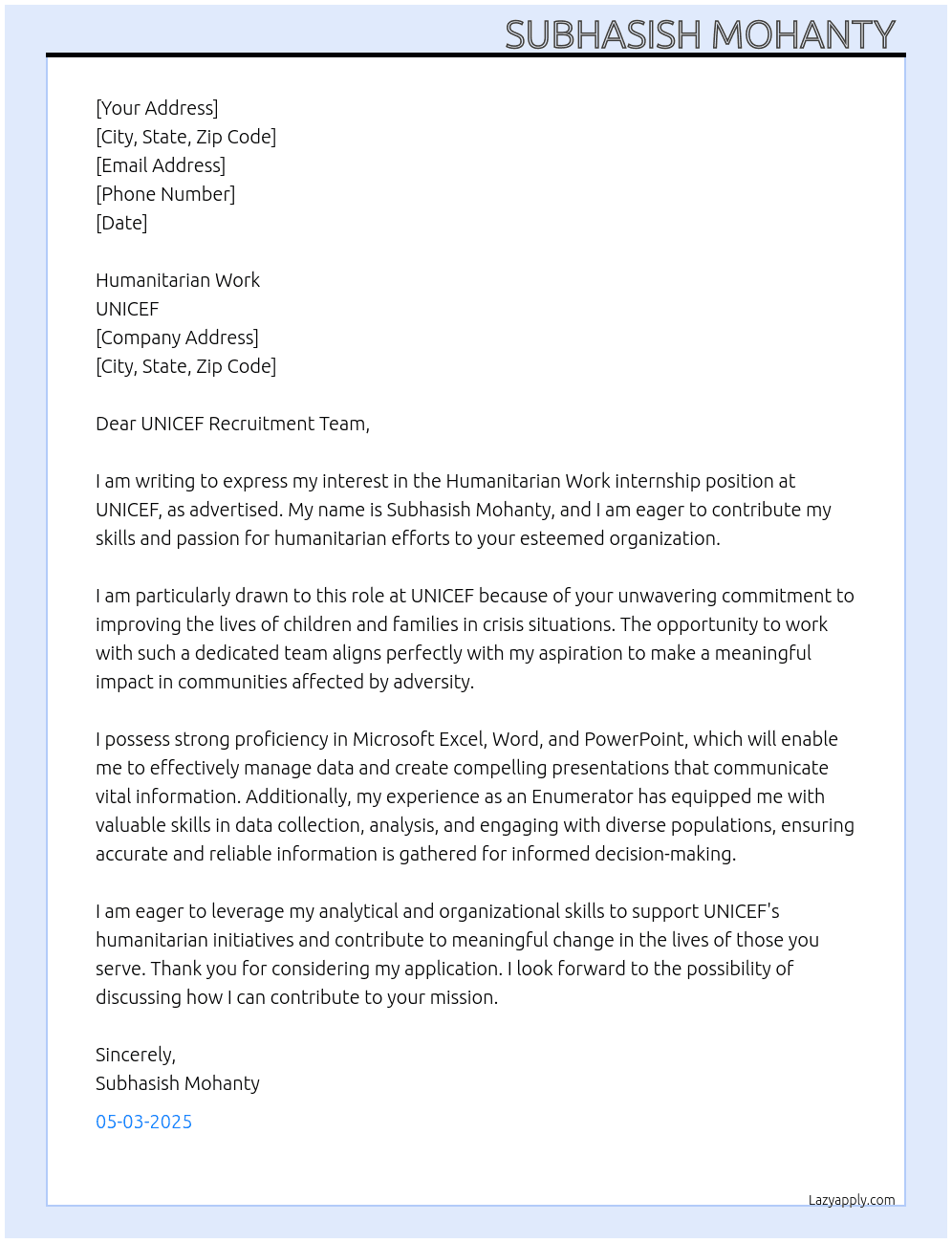 Cover letter for humanitarian work - LazyApply