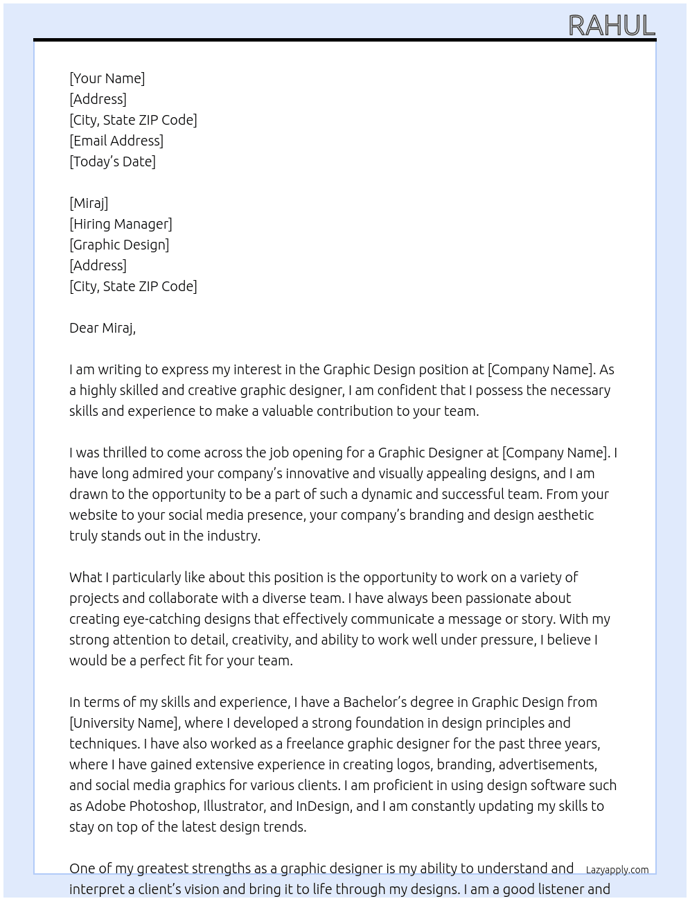 Graphic design  At  Graphic design Cover Letter