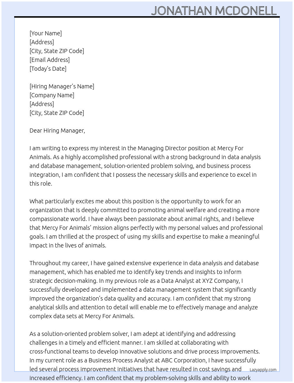 Managing Director At Mercy For Animals Cover Letter