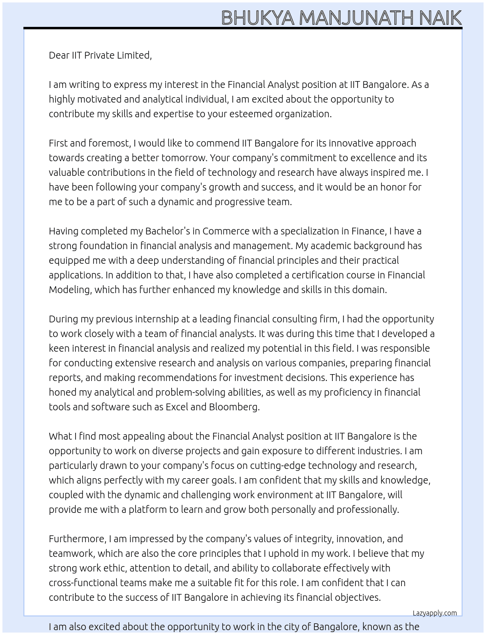 Financial Analyst At IIT Bangalore Cover Letter